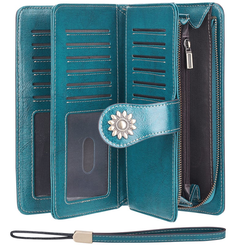 Lavemi Womens Large Capacity Genuine Leather RFID Blocking Wallets Wristlet Clutch Card Holder(1- Peacock Blue) - Image 3